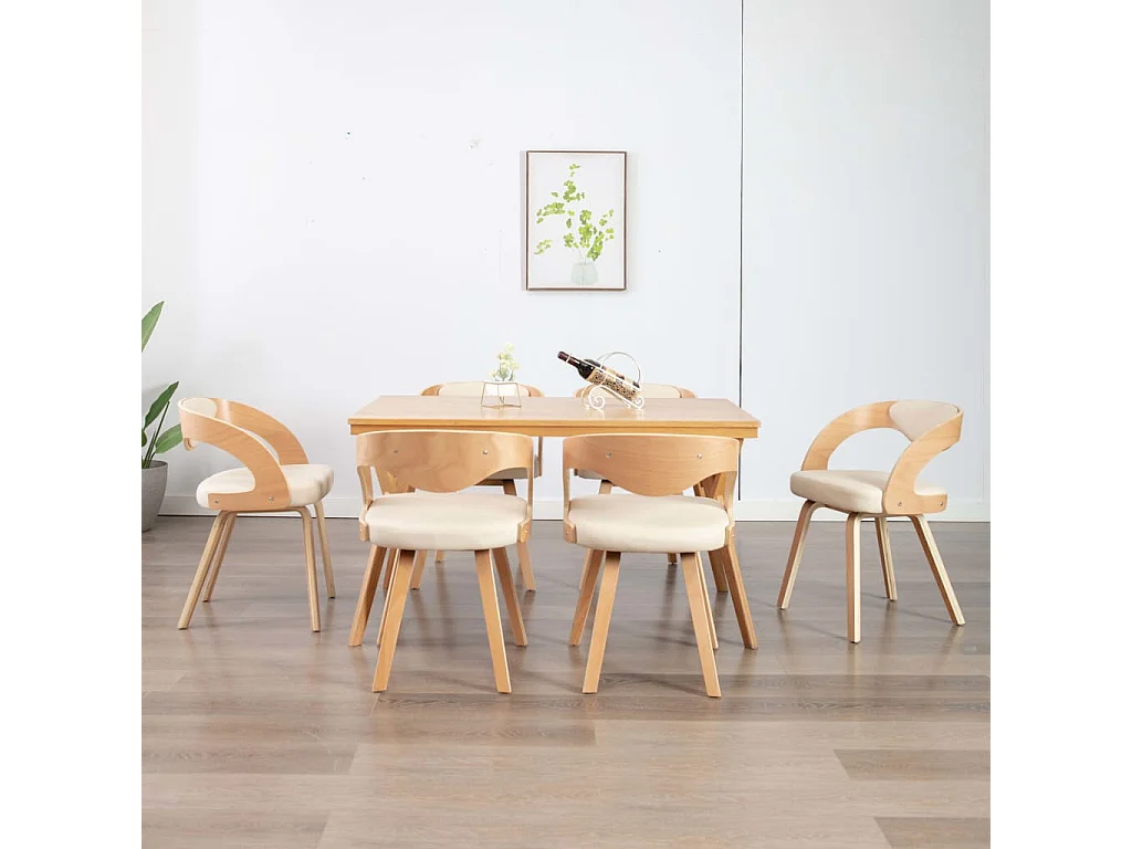 Sillas de comedor 6 uds madera curvada y cuero sintético crema