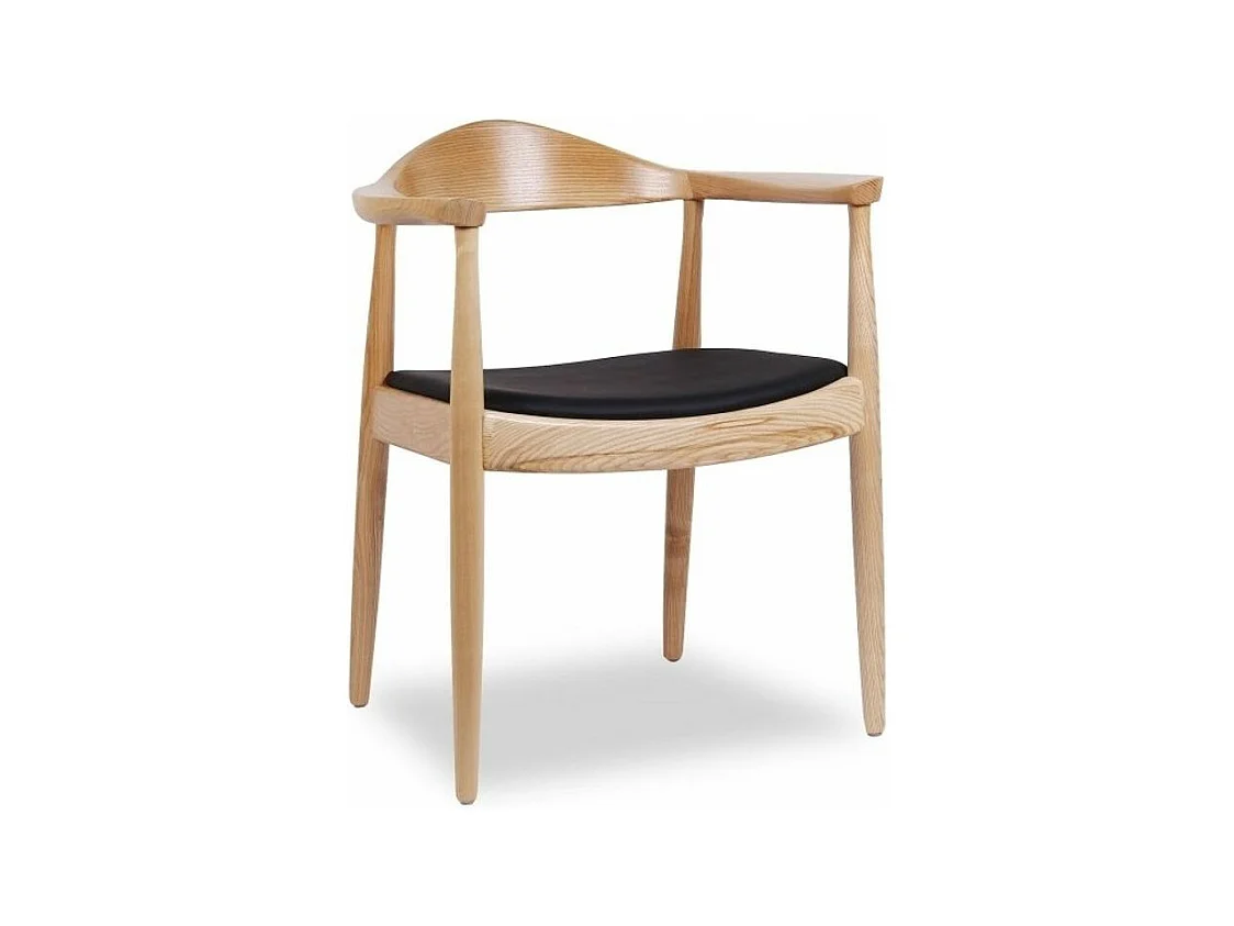 Chaise design frêne naturel et assise en simili cuir noir Konta