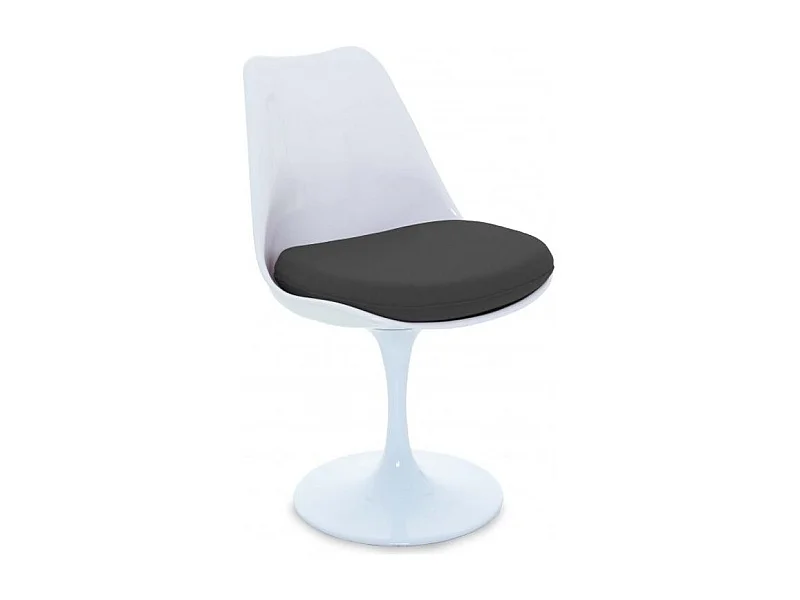 Chaise blanc brillant avec coussin tissu noir pétale de tulipe