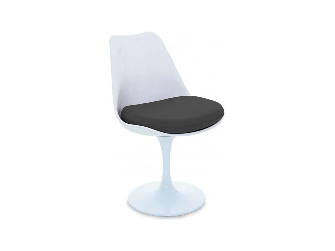 Chaise blanc brillant avec coussin tissu noir pétale de tulipe