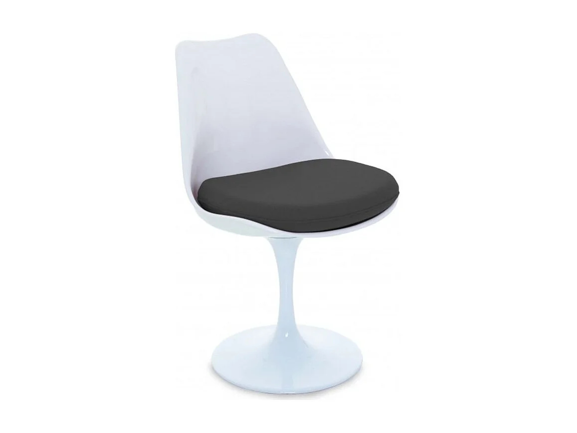 Chaise blanc brillant avec coussin tissu noir pétale de tulipe