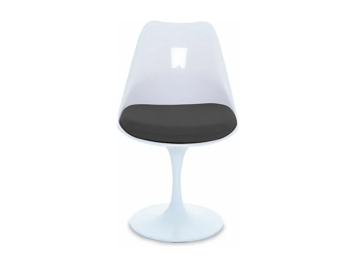 Chaise blanc brillant avec coussin tissu noir pétale de tulipe