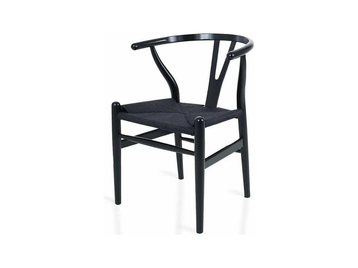 Chaise bois de hêtre noir sculpté à la main et corde en fibre naturelle Kinki