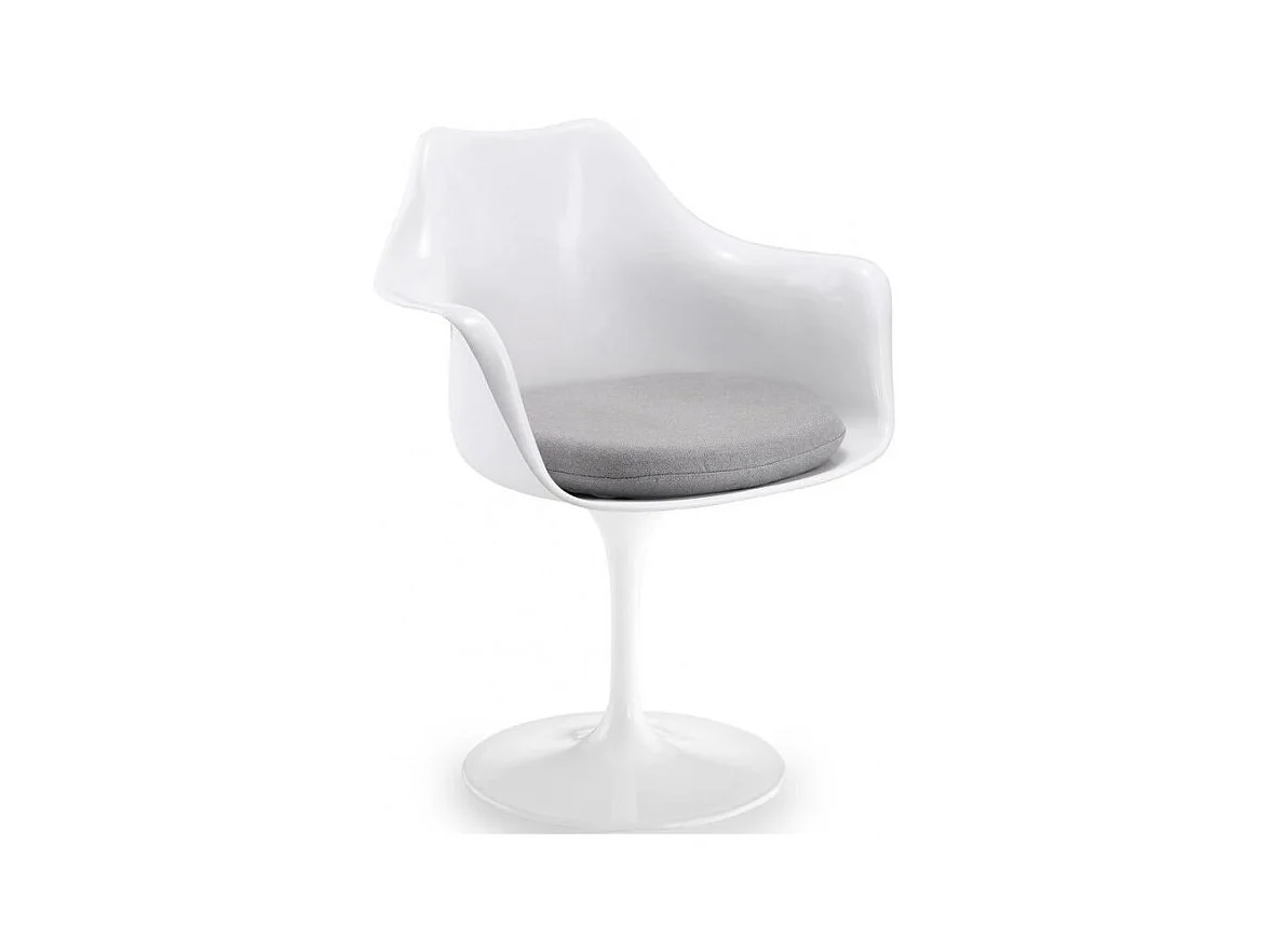 Fauteuil blanc brillant avec coussin tissu gris pétale de tulipe