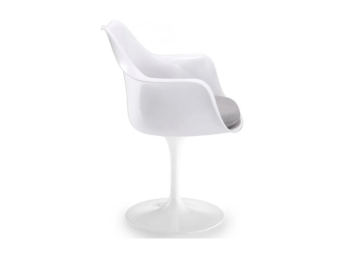 Fauteuil blanc brillant avec coussin tissu gris pétale de tulipe