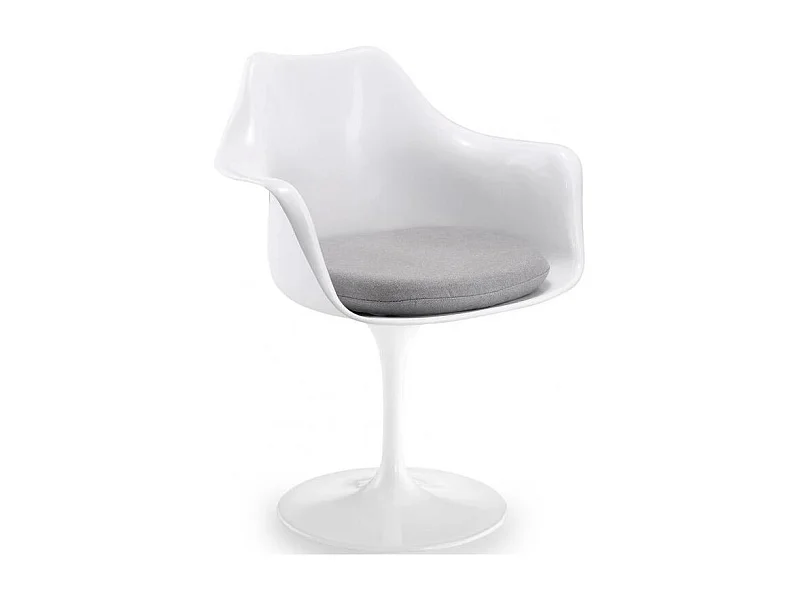Fauteuil blanc brillant avec coussin tissu gris pétale de tulipe