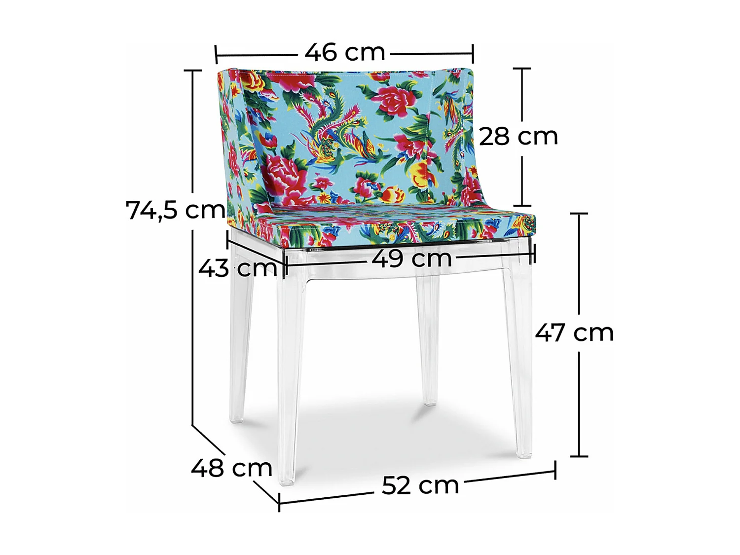 Chaise transparente et imprimée floral bleu Delice