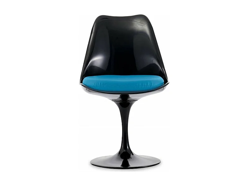 Chaise noir brillant avec coussin tissu bleu pétale de tulipe