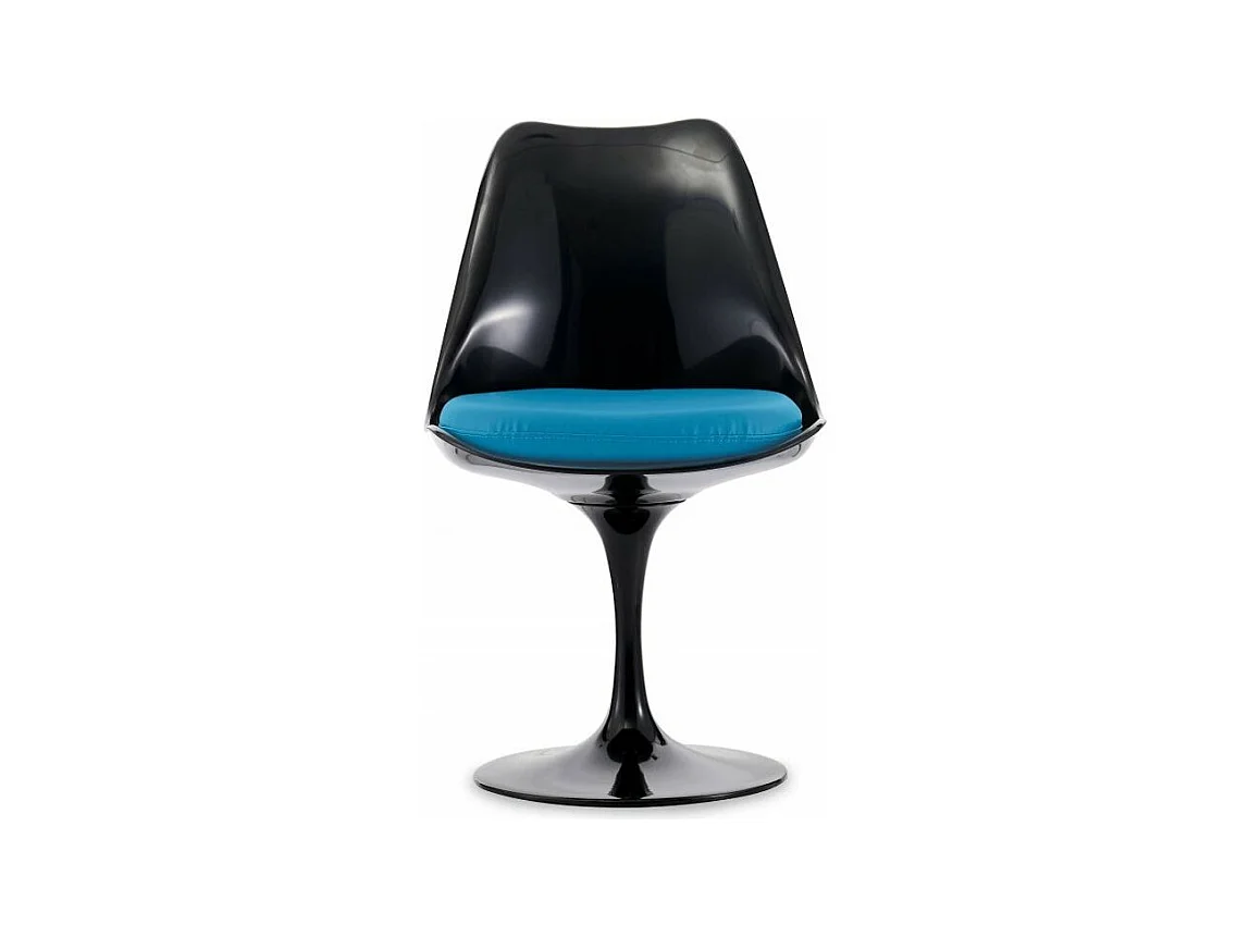 Chaise noir brillant avec coussin tissu bleu pétale de tulipe