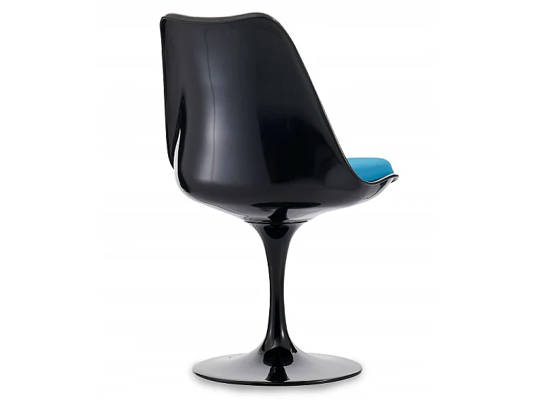 Chaise noir brillant avec coussin tissu bleu pétale de tulipe