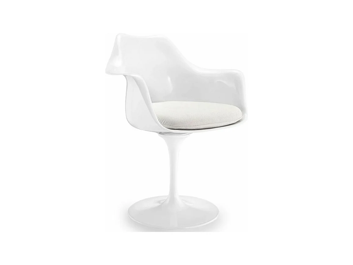 Fauteuil blanc brillant avec coussin tissu blanc pétale de tulipe
