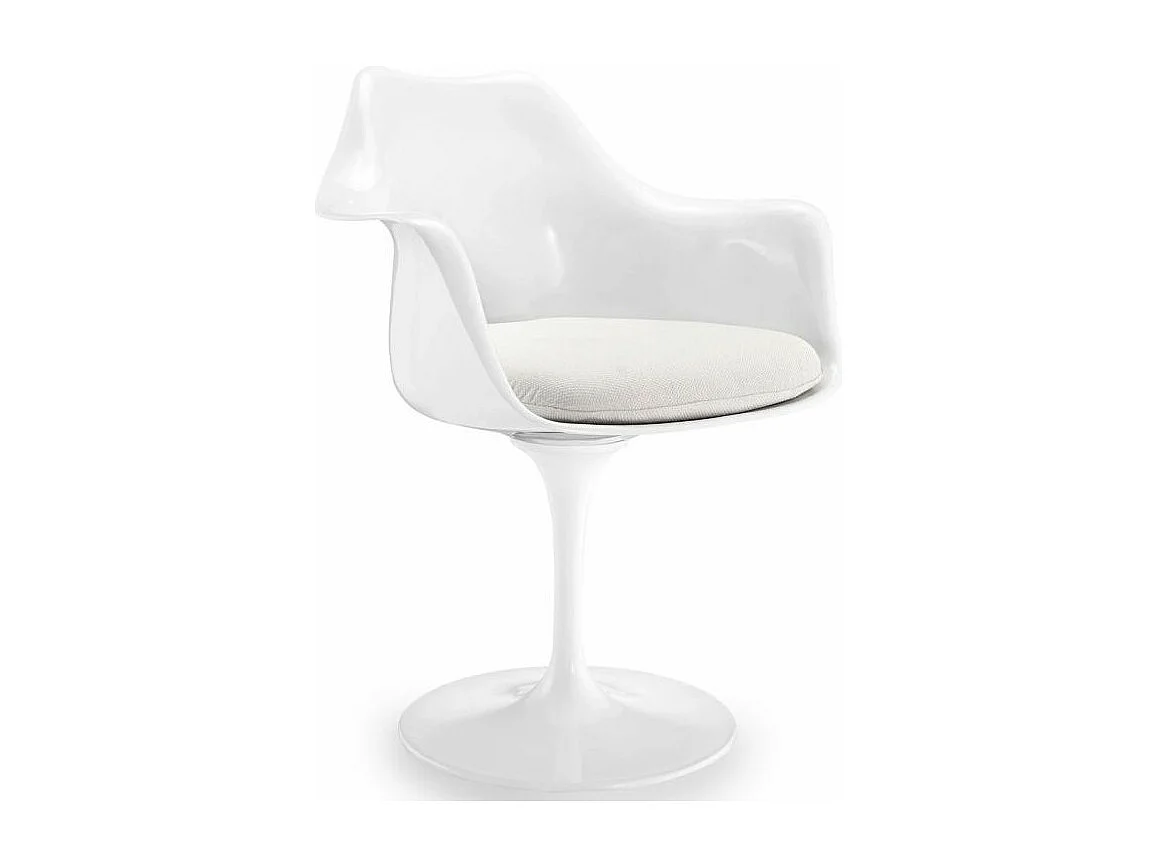 Fauteuil blanc brillant avec coussin tissu blanc pétale de tulipe