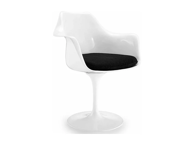 Fauteuil blanc brillant avec coussin tissu noir pétale de tulipe