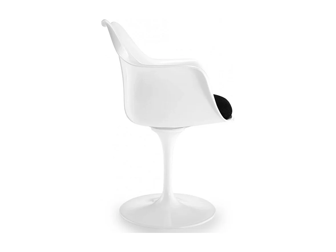 Fauteuil blanc brillant avec coussin tissu noir pétale de tulipe