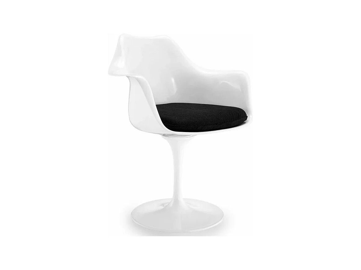Fauteuil blanc brillant avec coussin tissu noir pétale de tulipe