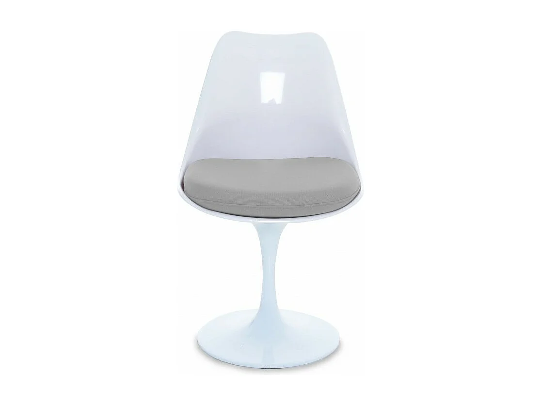 Chaise blanc brillant avec coussin tissu gris pétale de tulipe