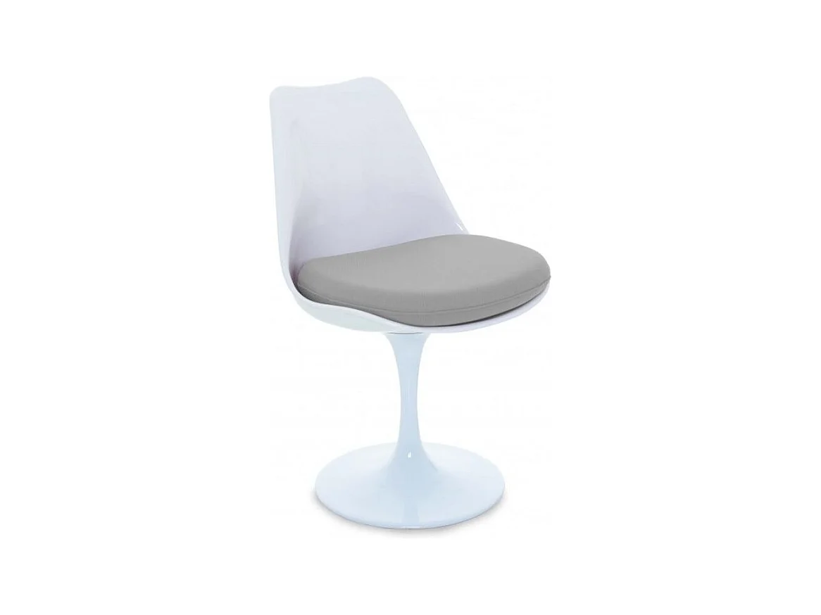 Chaise blanc brillant avec coussin tissu gris pétale de tulipe