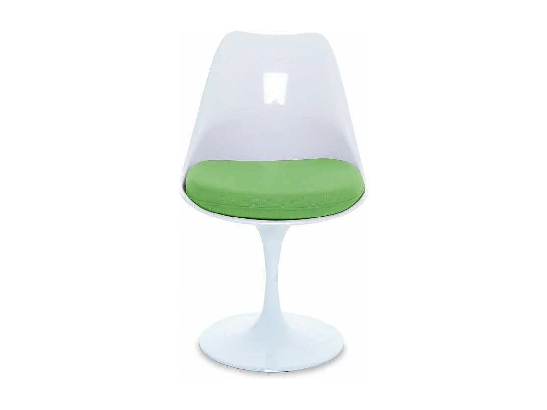 Chaise blanc brillant avec coussin tissu vert pétale de tulipe