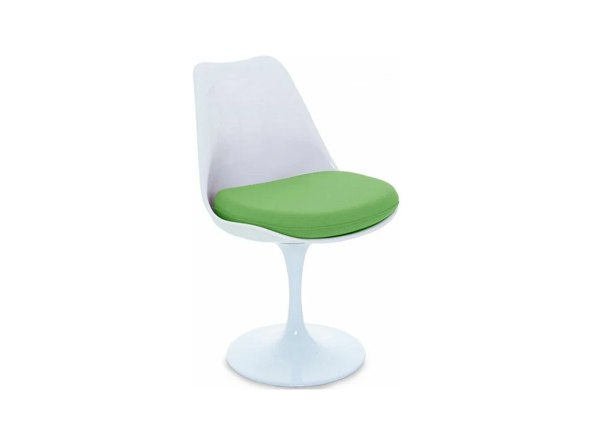 Chaise blanc brillant avec coussin tissu vert pétale de tulipe