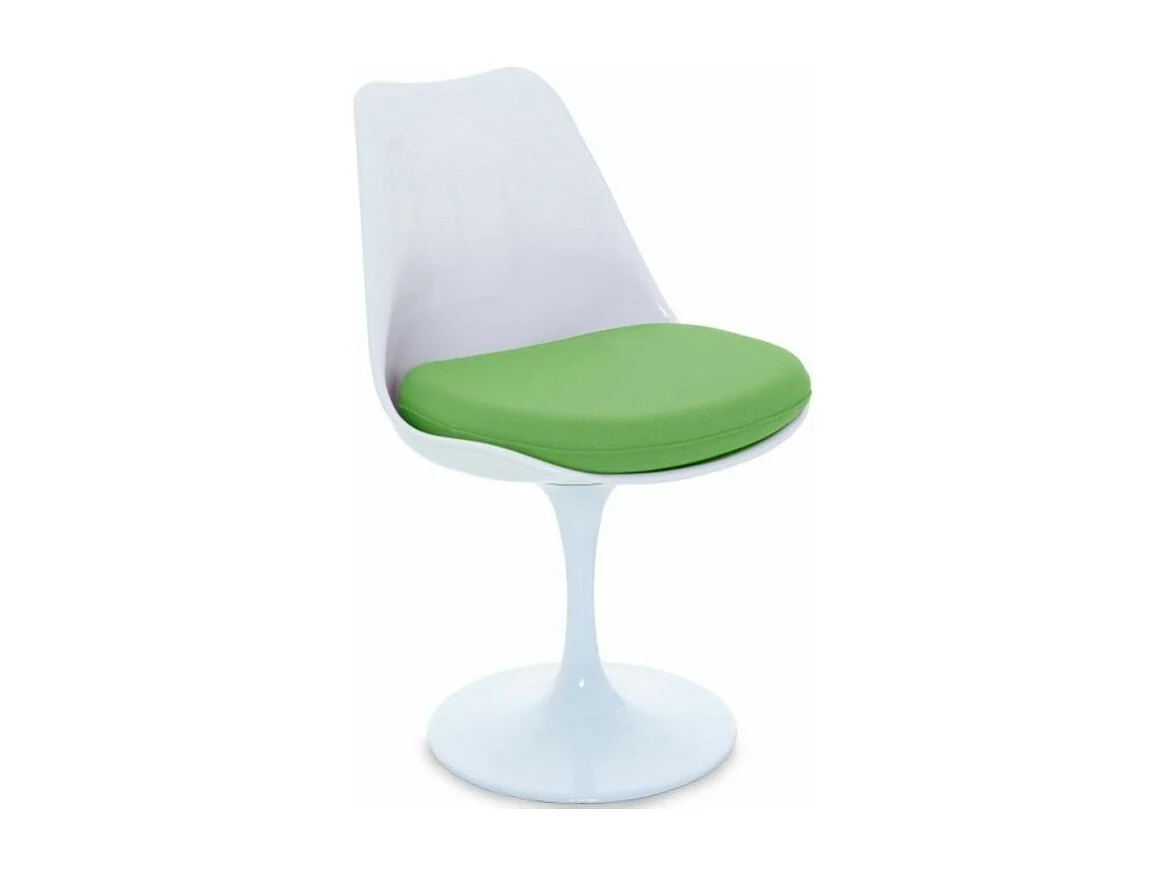 Chaise blanc brillant avec coussin tissu vert pétale de tulipe