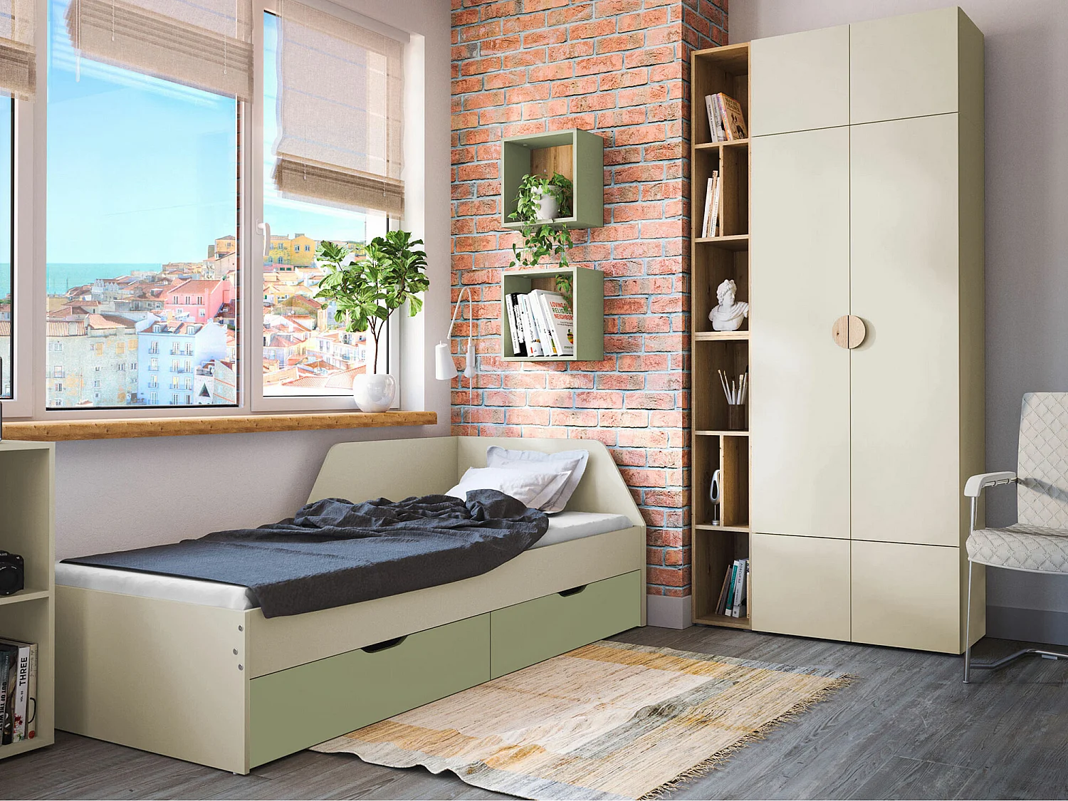 Lit Morsoru 108, Unique, Vert, 90x200, Stratifié, Sommier à lattes, 96x205x75cm