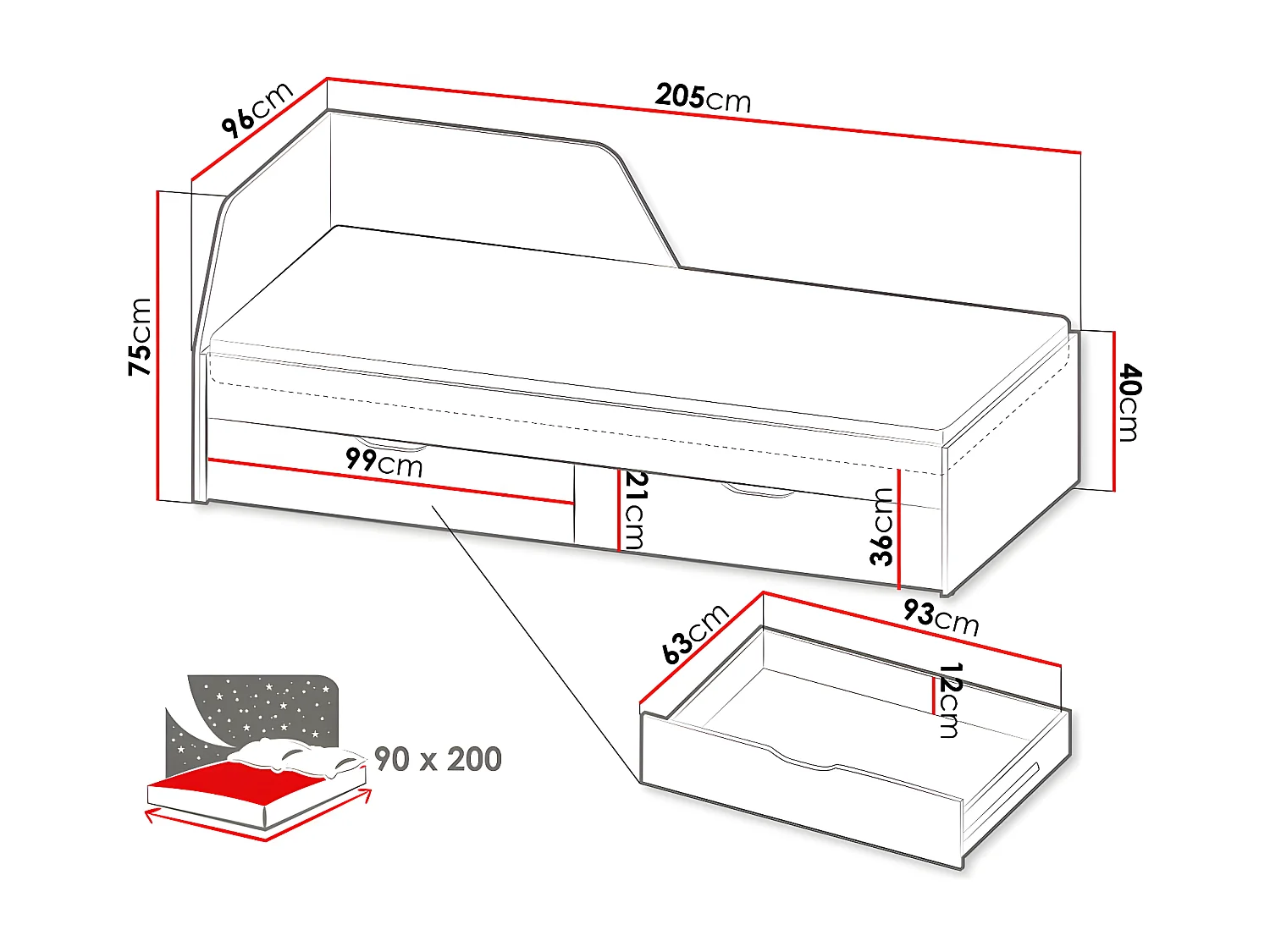 Lit Morsoru 108, Unique, Vert, 90x200, Stratifié, Sommier à lattes, 96x205x75cm