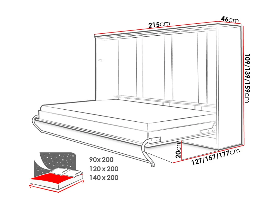 Cama c/armário horizontal AMBIHOME TANDOM - Branco, 140x200cm