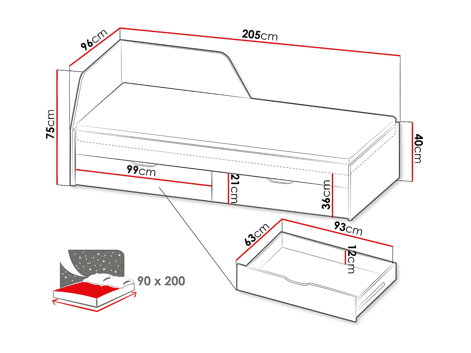 Lit Morsoru 108, Unique, Brun clair, 90x200, Stratifié, Sommier à lattes, 96x205x75cm