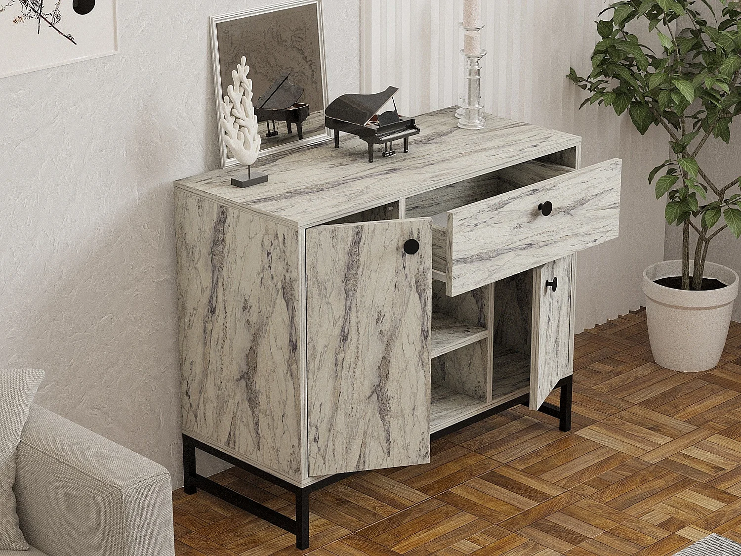 Aparador em mármore freesia – 90cm x 75cm x 40cm – Mármore Freesia – Painel de partículas revestido a melamina