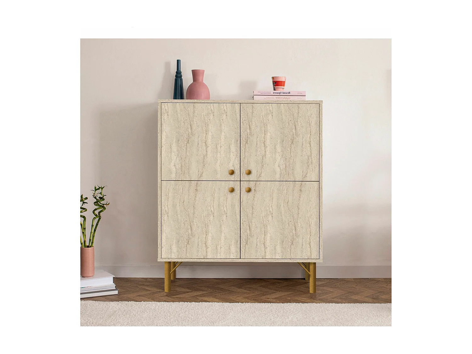 Buffet 4 portes Soho 95x111cm Bois Effet Travertin Beige