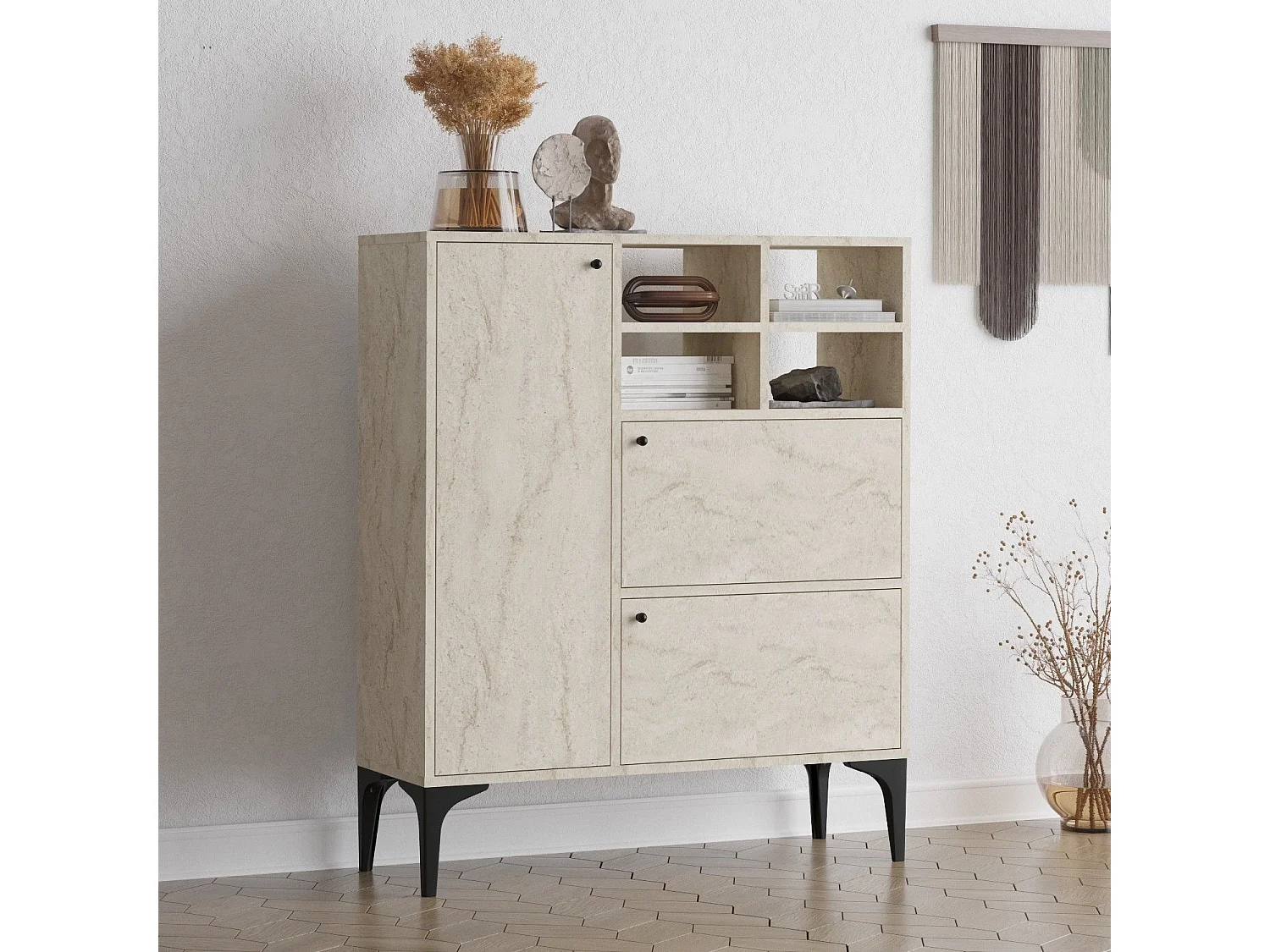 Aparador – 100 cm x 125 cm x 35 cm – Cor Travertino – Painel de Partículas revestido a Melamina