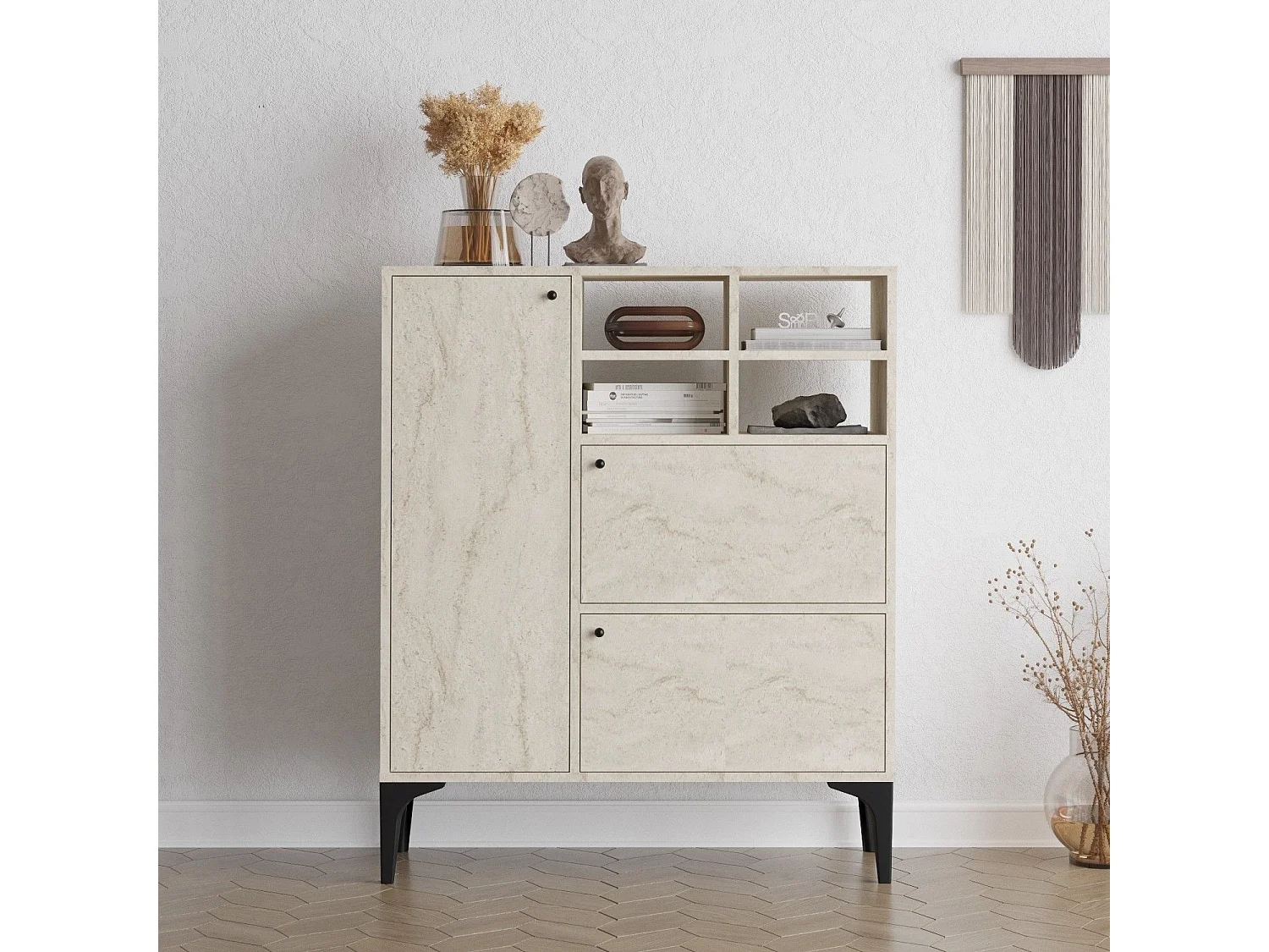 Aparador – 100 cm x 125 cm x 35 cm – Cor Travertino – Painel de Partículas revestido a Melamina