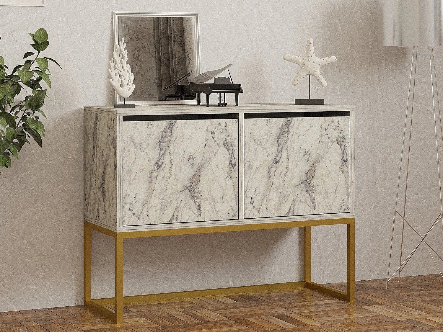 Buffet moderne 2 portes Zinette L90cm Effet marbre Blanc et Or