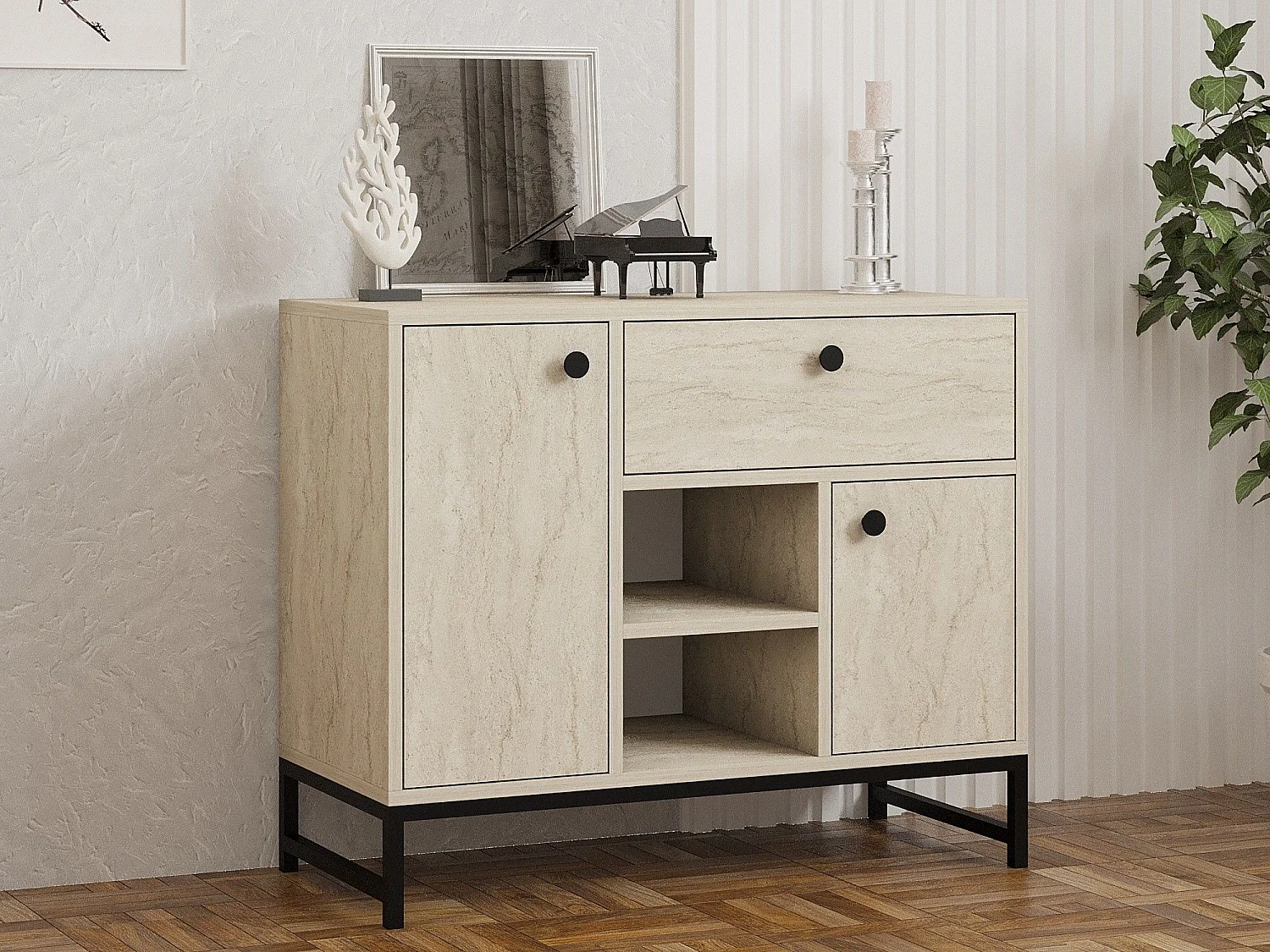 Buffet moderne 2 portes et 1 tiroir Elssa L90cm Effet travertin Beige et Noir