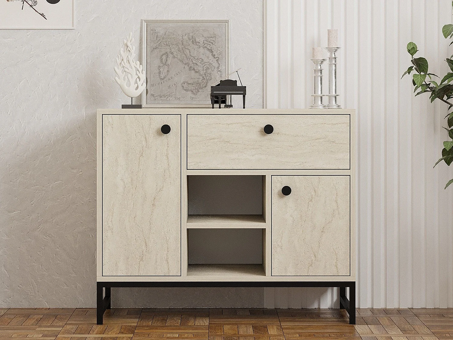 Buffet moderne 2 portes et 1 tiroir Elssa L90cm Effet travertin Beige et Noir