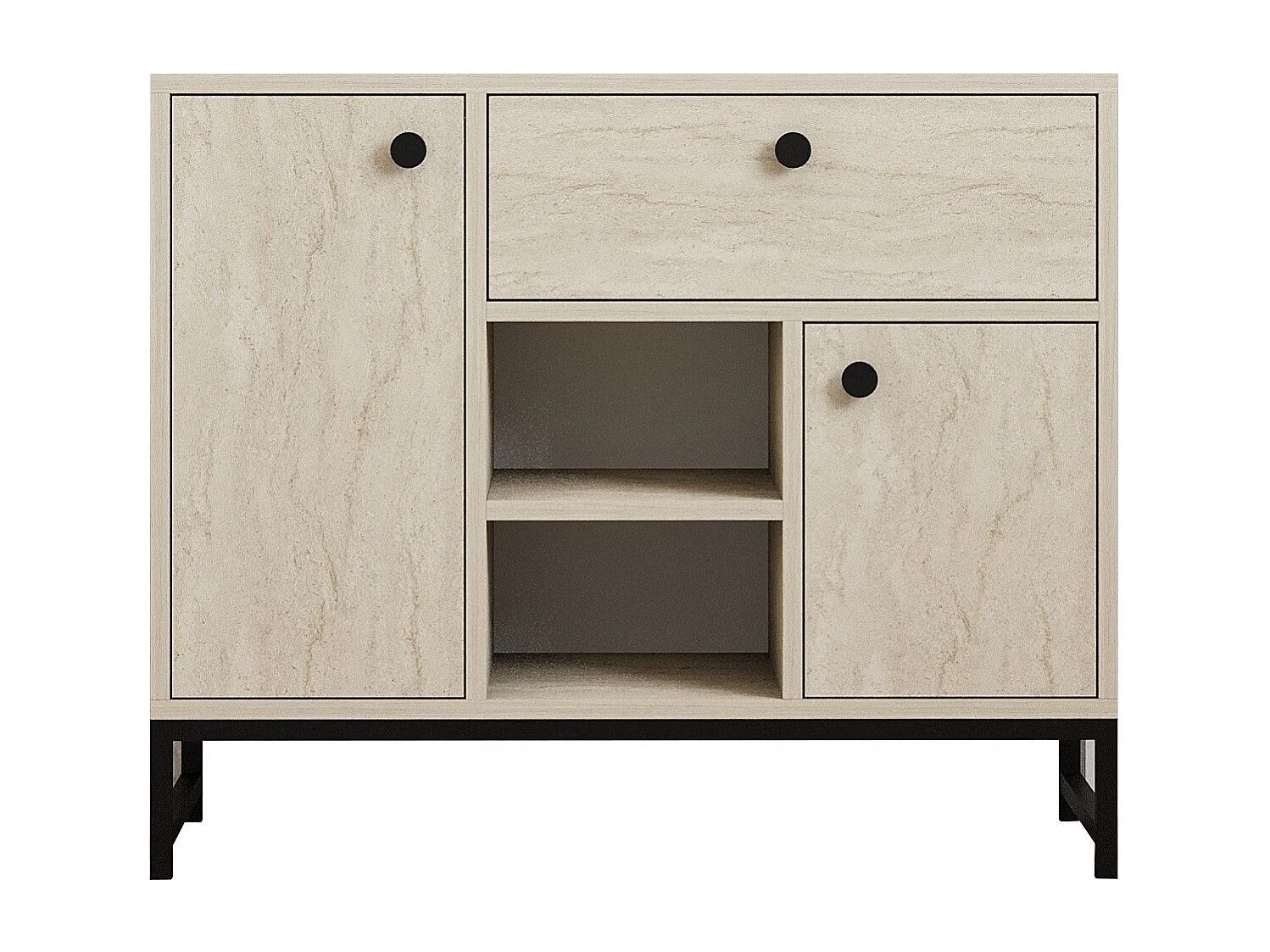 Buffet moderne 2 portes et 1 tiroir Elssa L90cm Effet travertin Beige et Noir