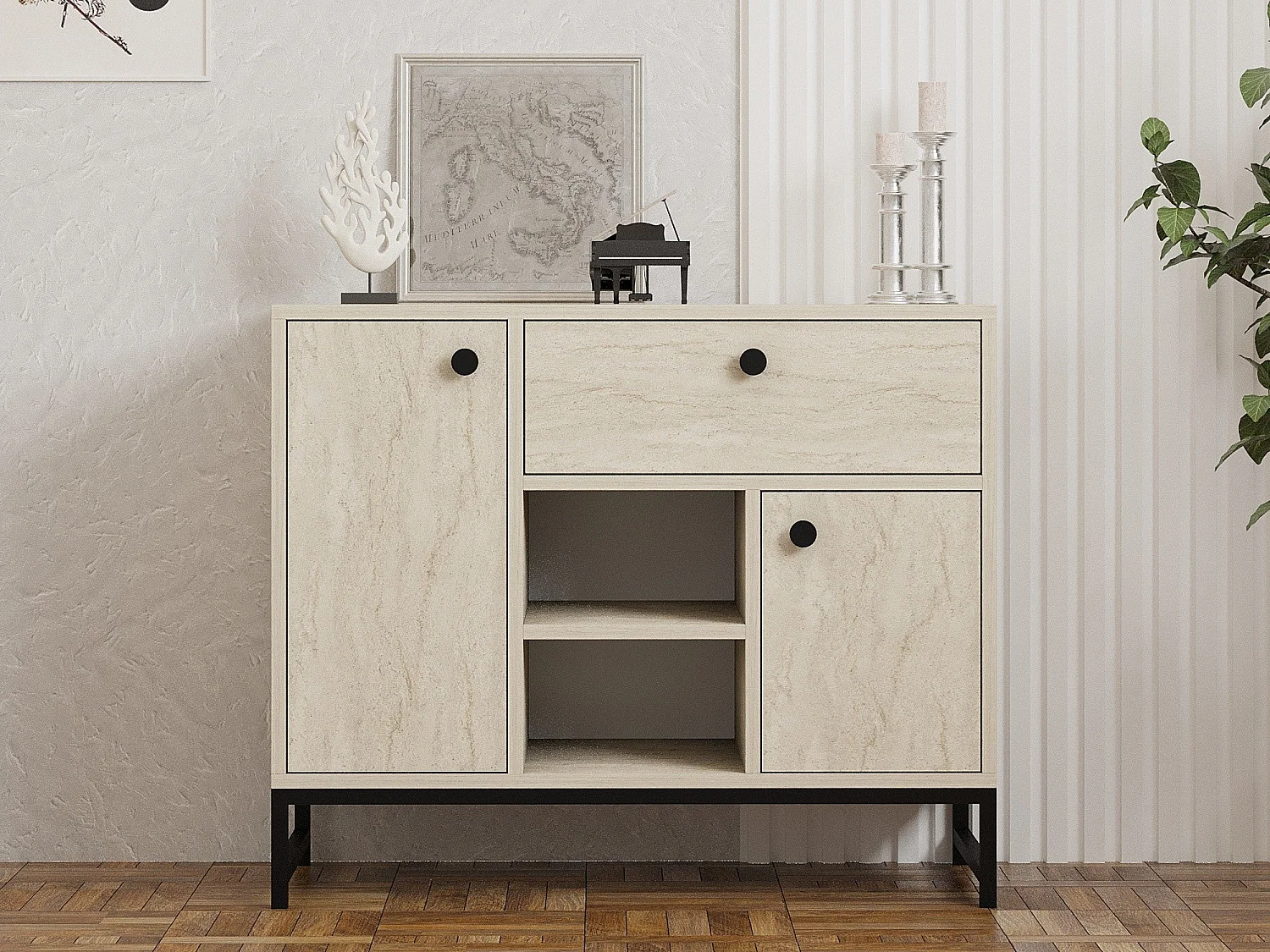 Buffet moderne 2 portes et 1 tiroir Elssa L90cm Effet travertin Beige et Noir