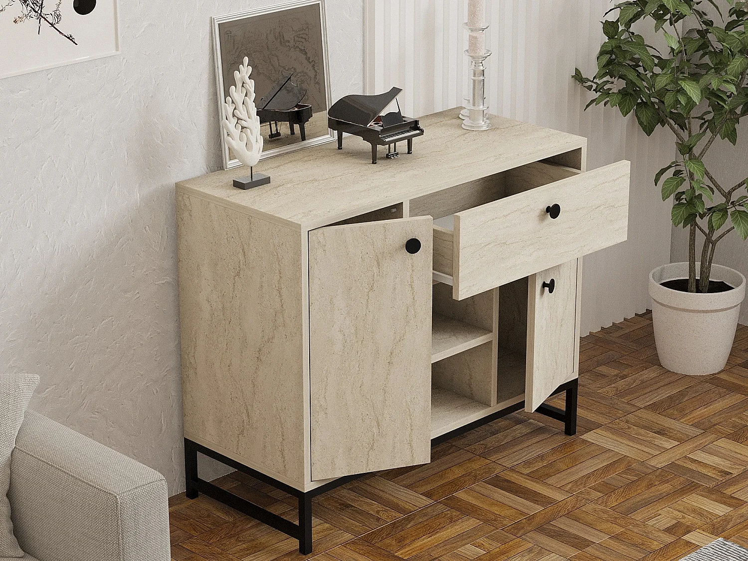 Buffet moderne 2 portes et 1 tiroir Elssa L90cm Effet travertin Beige et Noir