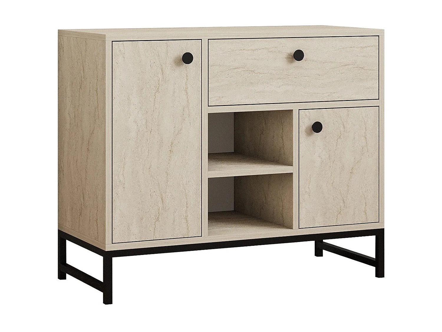 Buffet moderne 2 portes et 1 tiroir Elssa L90cm Effet travertin Beige et Noir