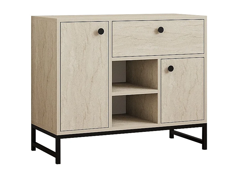 Buffet moderne 2 portes et 1 tiroir Elssa L90cm Effet travertin Beige et Noir