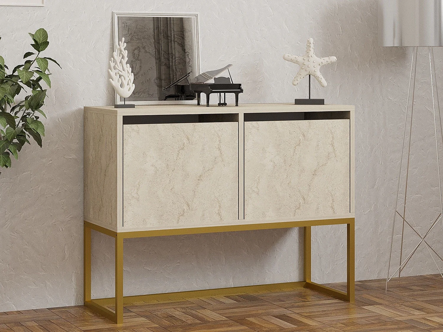 Buffet moderne 2 portes Zinette L90cm Effet travertin Beige et Or