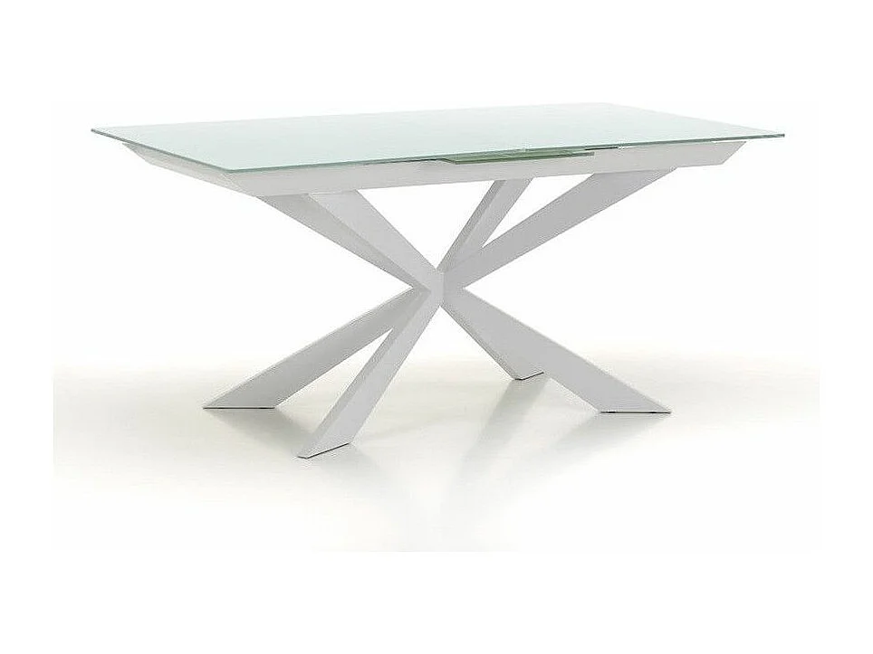 Table extensible 6 à 10 personnes L 160 à 200cm verre laqué blanc et pieds métal blanc Okebi