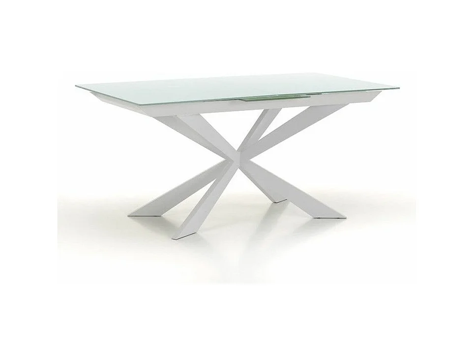 Table extensible 6 à 10 personnes L 160 à 200cm verre laqué blanc et pieds métal blanc Okebi