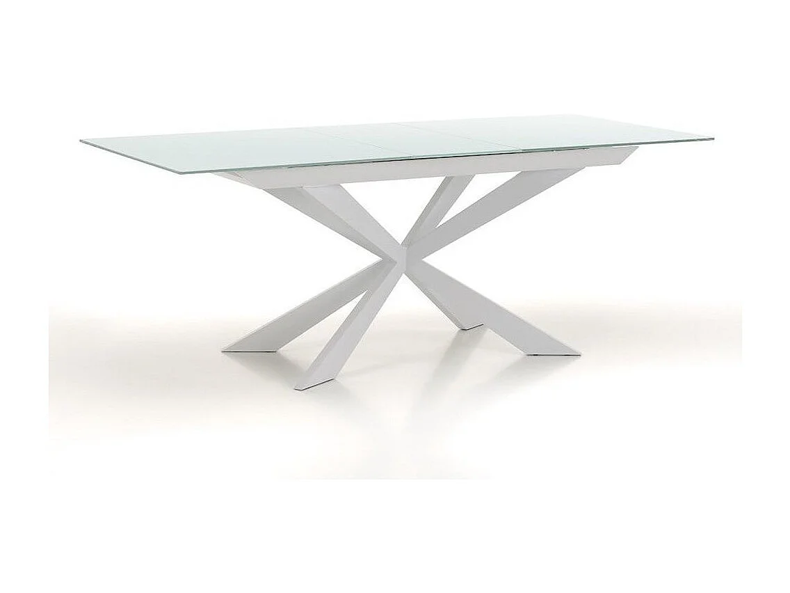 Table extensible 6 à 10 personnes L 160 à 200cm verre laqué blanc et pieds métal blanc Okebi