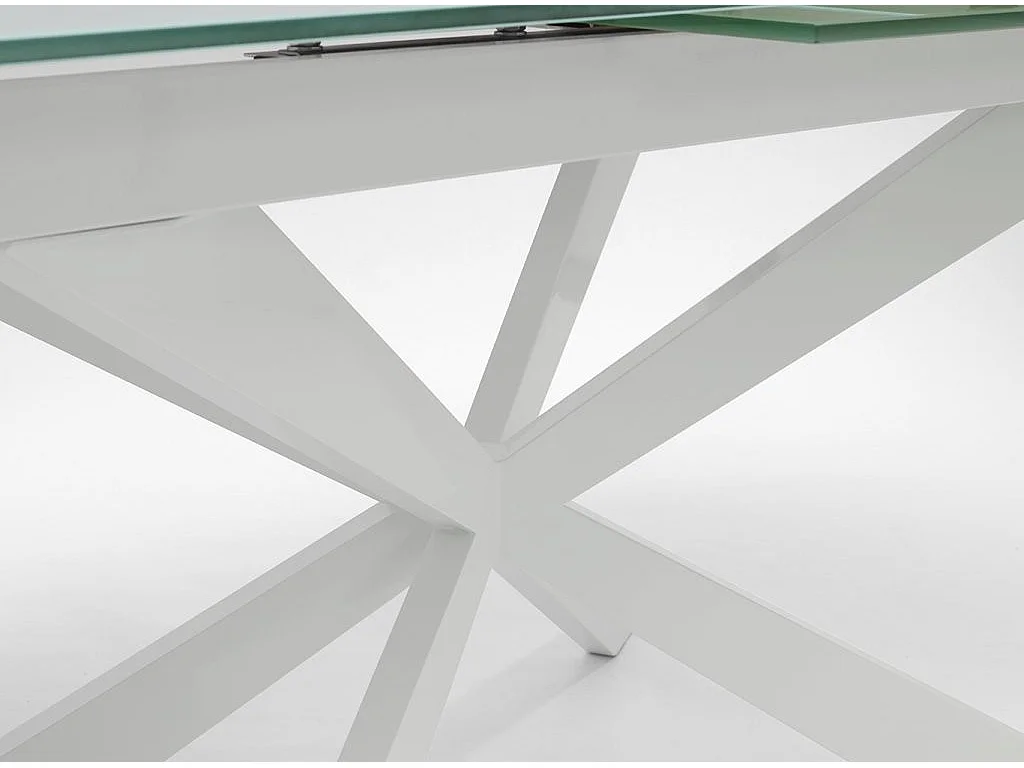 Table extensible 6 à 10 personnes L 160 à 200cm verre laqué blanc et pieds métal blanc Okebi