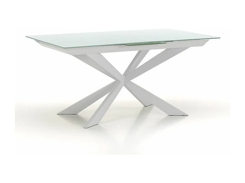 Table extensible 6 à 10 personnes L 160 à 200cm verre laqué blanc et pieds métal blanc Okebi