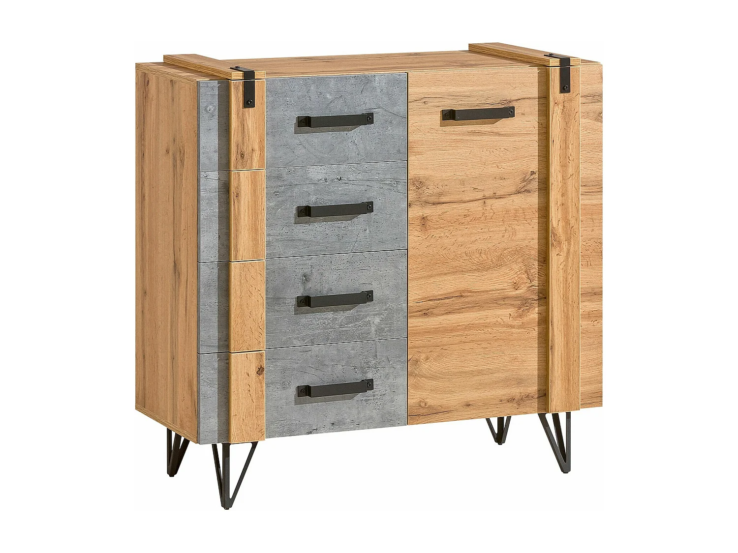 Commode Domdele 105, Béton|Chêne wotan, Avec tiroirs et portes, Nombre de tiroirs: 4,