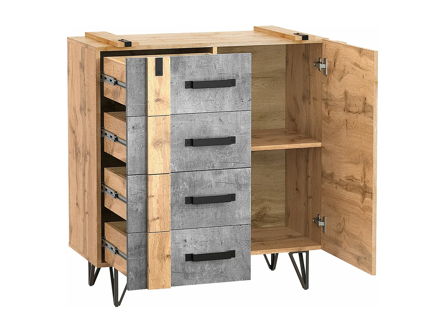 Commode Domdele 105, Béton|Chêne wotan, Avec tiroirs et portes, Nombre de tiroirs: 4,