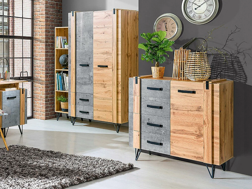 Commode Domdele 105, Béton|Chêne wotan, Avec tiroirs et portes, Nombre de tiroirs: 4,