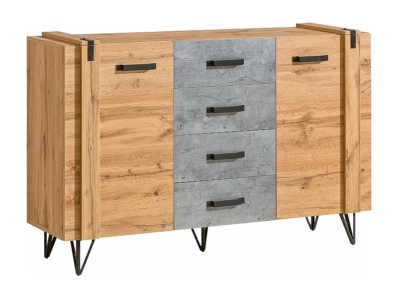 Commode Domdele 104, Béton|Chêne wotan, Avec tiroirs et portes, Nombre de tiroirs: 4,